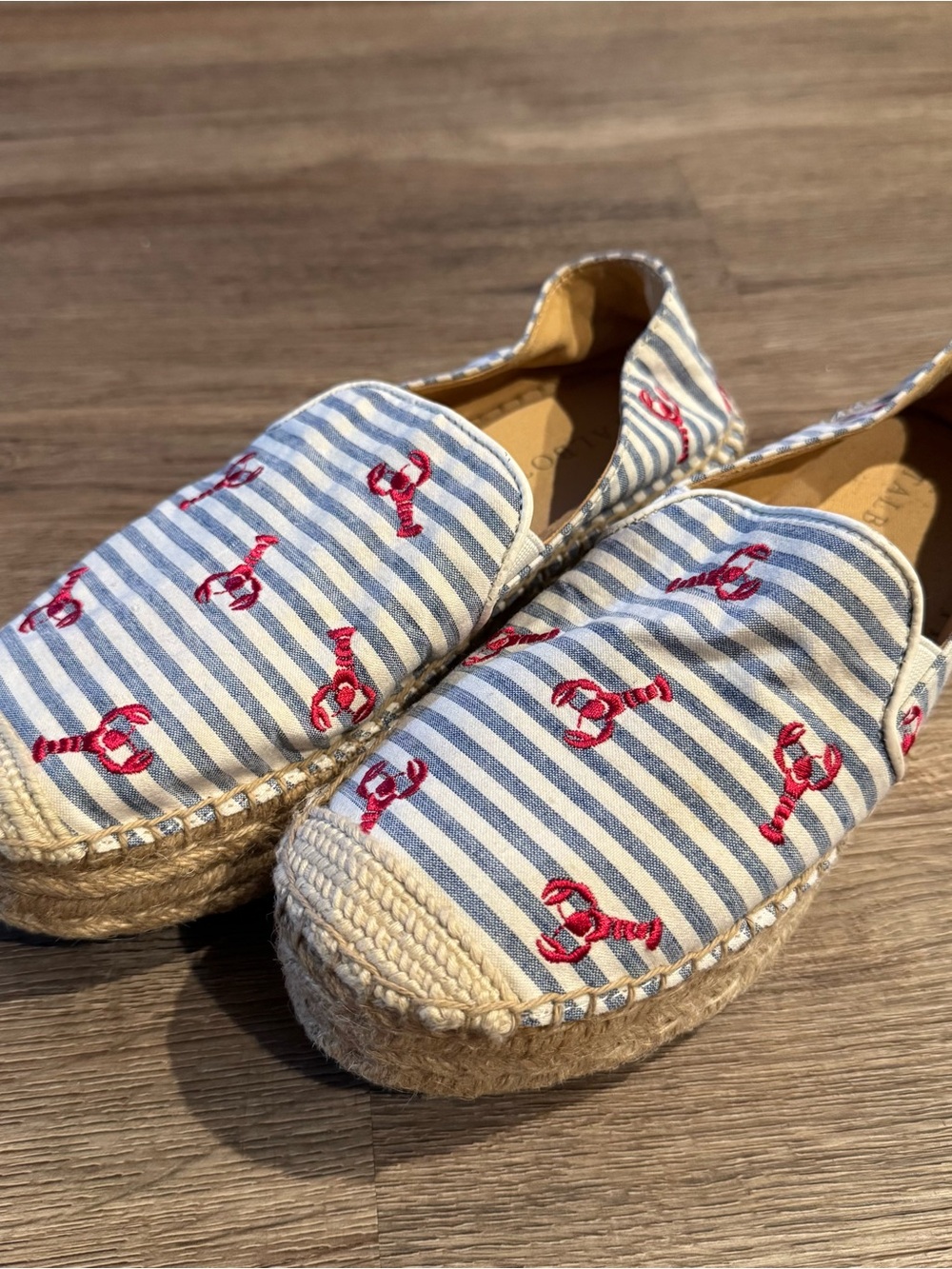 Talbots Blue and White Striped Slip-On Espadrilles with Embroidered Lobsters